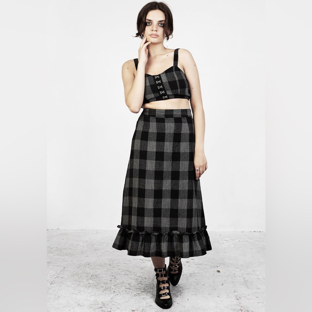 Black and Gray Plaid Midi Skirt with Ruffle Hem